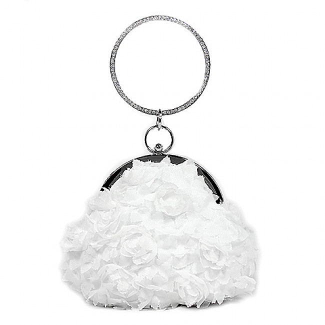 Evening Bag - Chiffon Rosettes w/ Rhinestone Ring Wristlet - White - BG-100187W